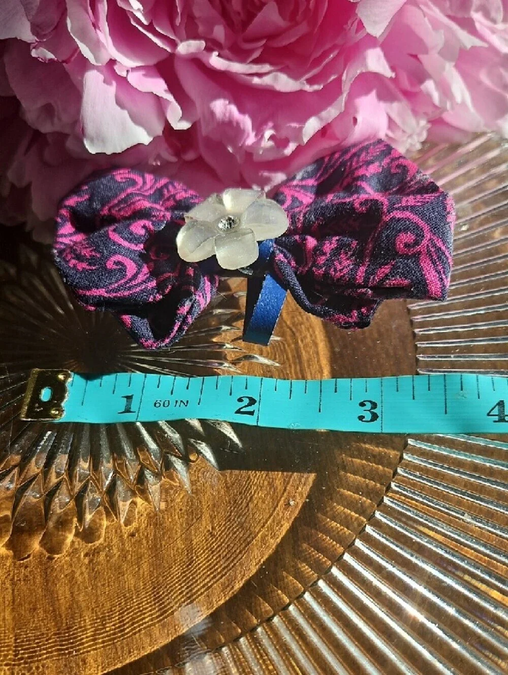 Hand Crafted Dog Collar Bow Tie Paisley Navy&Pink Flower Crystal NEW
